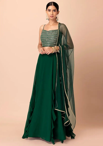 Green Georgette Fancy Lehenga With Multiple Sequins Work