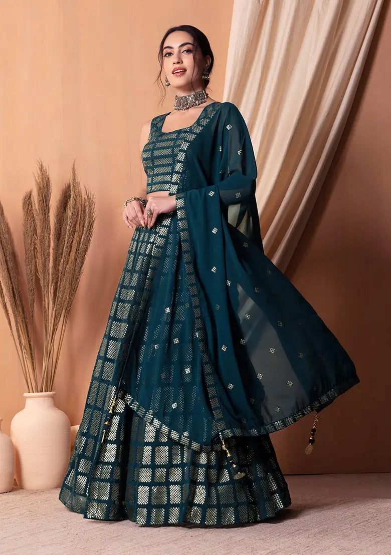 Teal Blue Georgette Sequins And Thread Embroidered Lehenga choli