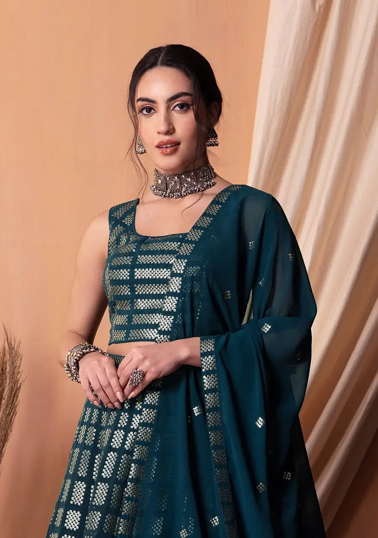Teal Blue Georgette Sequins And Thread Embroidered Lehenga choli