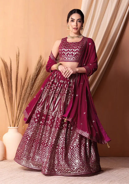 Dark Pink Georgette Lehenga With  Sequins And Thread Embroidery Work