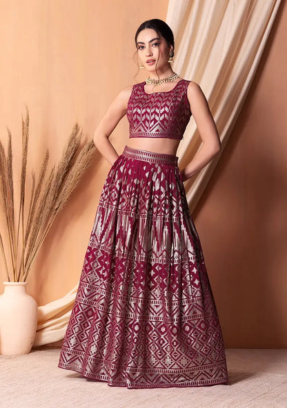 Dark Pink Georgette Lehenga With  Sequins And Thread Embroidery Work