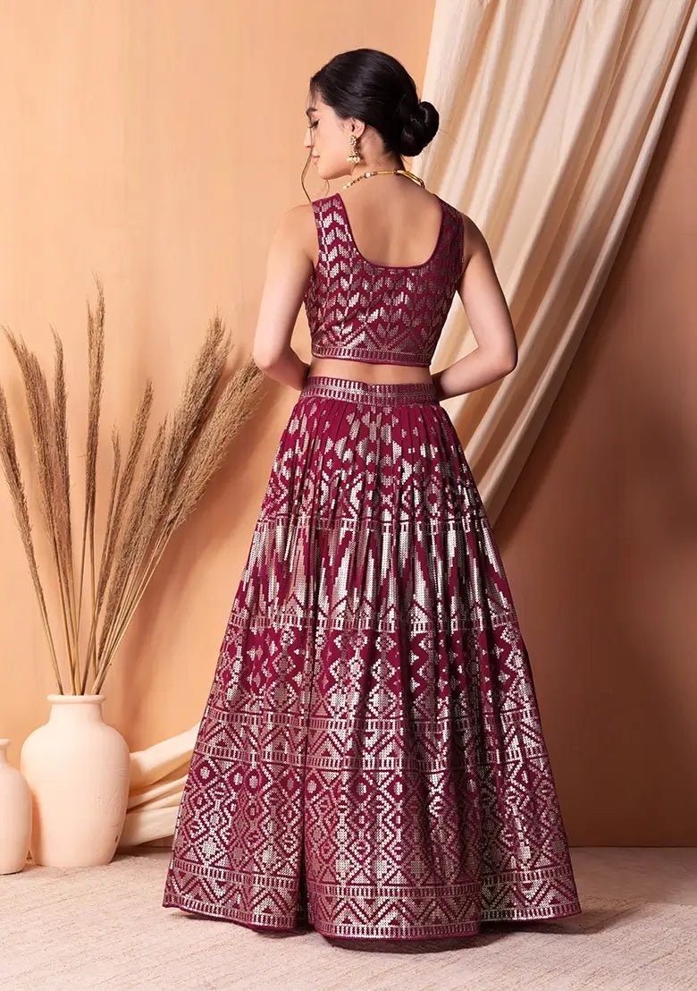 Dark Pink Georgette Lehenga With  Sequins And Thread Embroidery Work