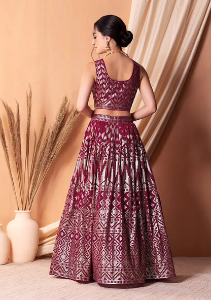 Dark Pink Georgette Lehenga With  Sequins And Thread Embroidery Work