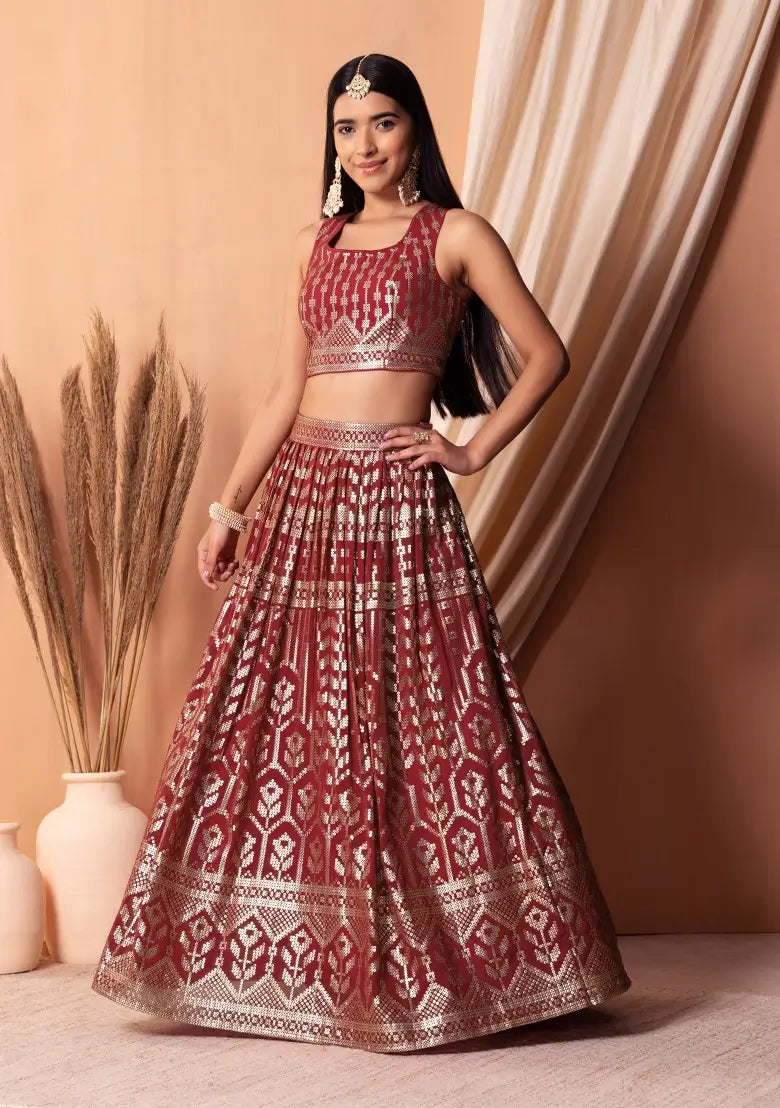 Maroon Georgette Lehenga With Sequins And Thread Embroidery Work