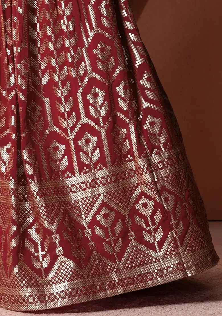 Maroon Georgette Lehenga With Sequins And Thread Embroidery Work