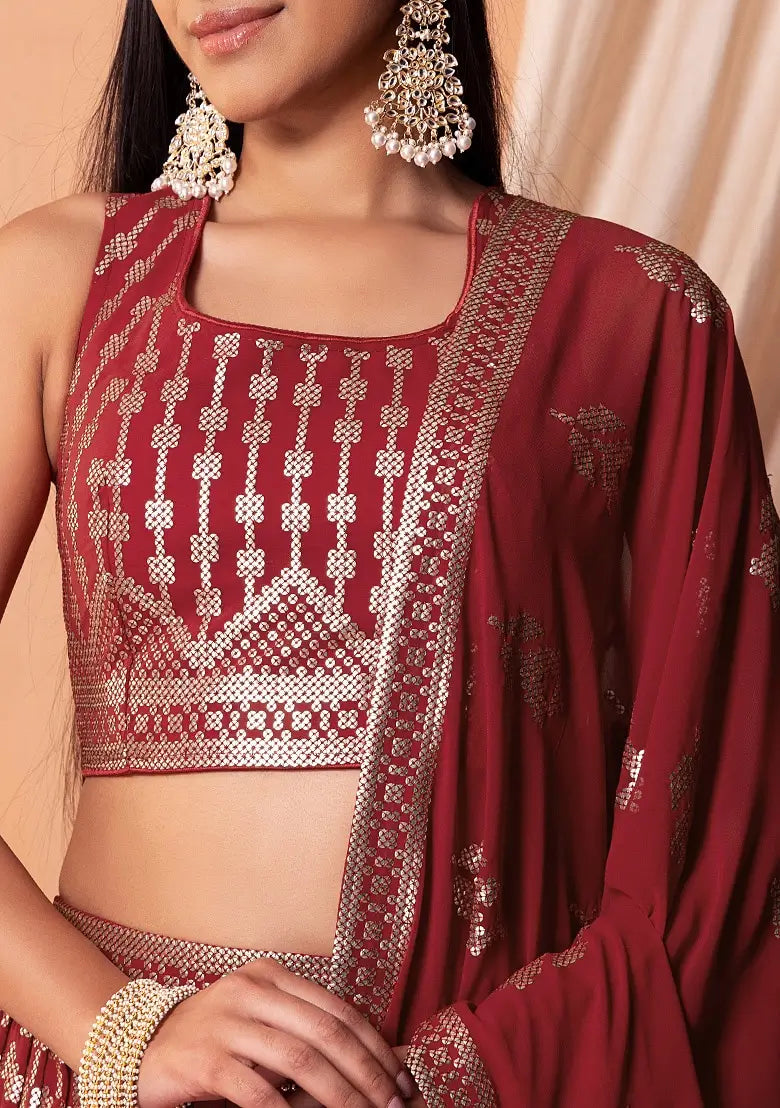 Maroon Georgette Lehenga With Sequins And Thread Embroidery Work