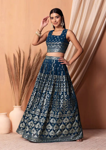 Blue Georgette Sequins And Thread Embroidery Work Lehenga choli