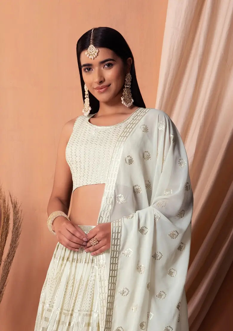 White  Georgette Sequins And Thread Embroidery Work Lehenga choli