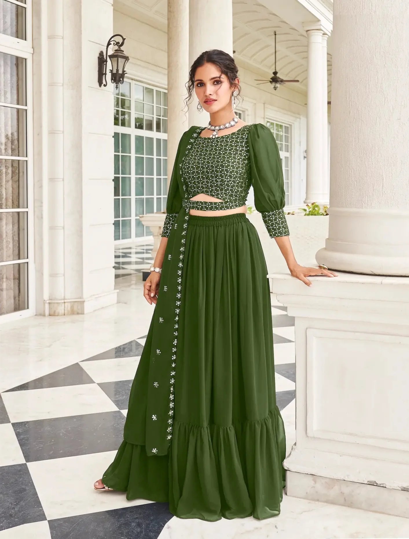 Olive Green Georgette Thread & Sequence Embroidery Work Lehenga Choli
