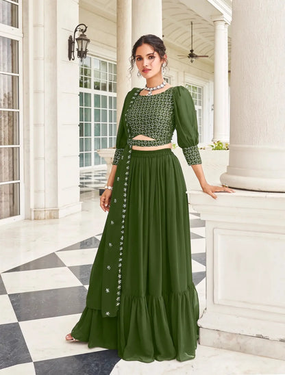 Olive Green Georgette Thread & Sequence Embroidery Work Lehenga Choli