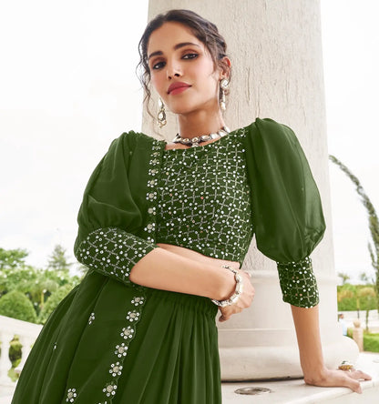 Olive Green Georgette Thread & Sequence Embroidery Work Lehenga Choli