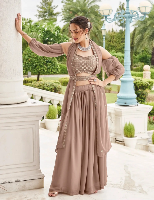 Beige Green Georgette Thread & Sequence Embroidery Work Lehenga Choli