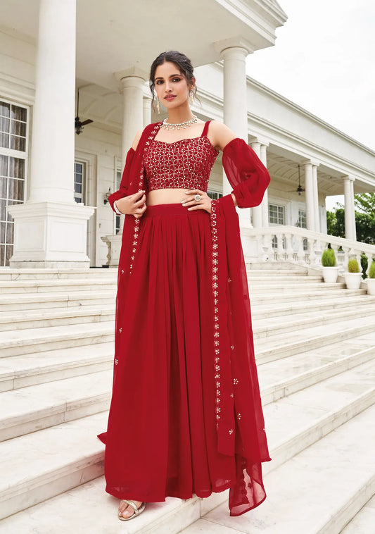 Red Georgette Thread & Sequence Embroidery Work Lehenga Choli