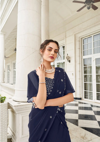 Navy Blue Georgette Thread & Sequence Embroidery Work Lehenga Choli