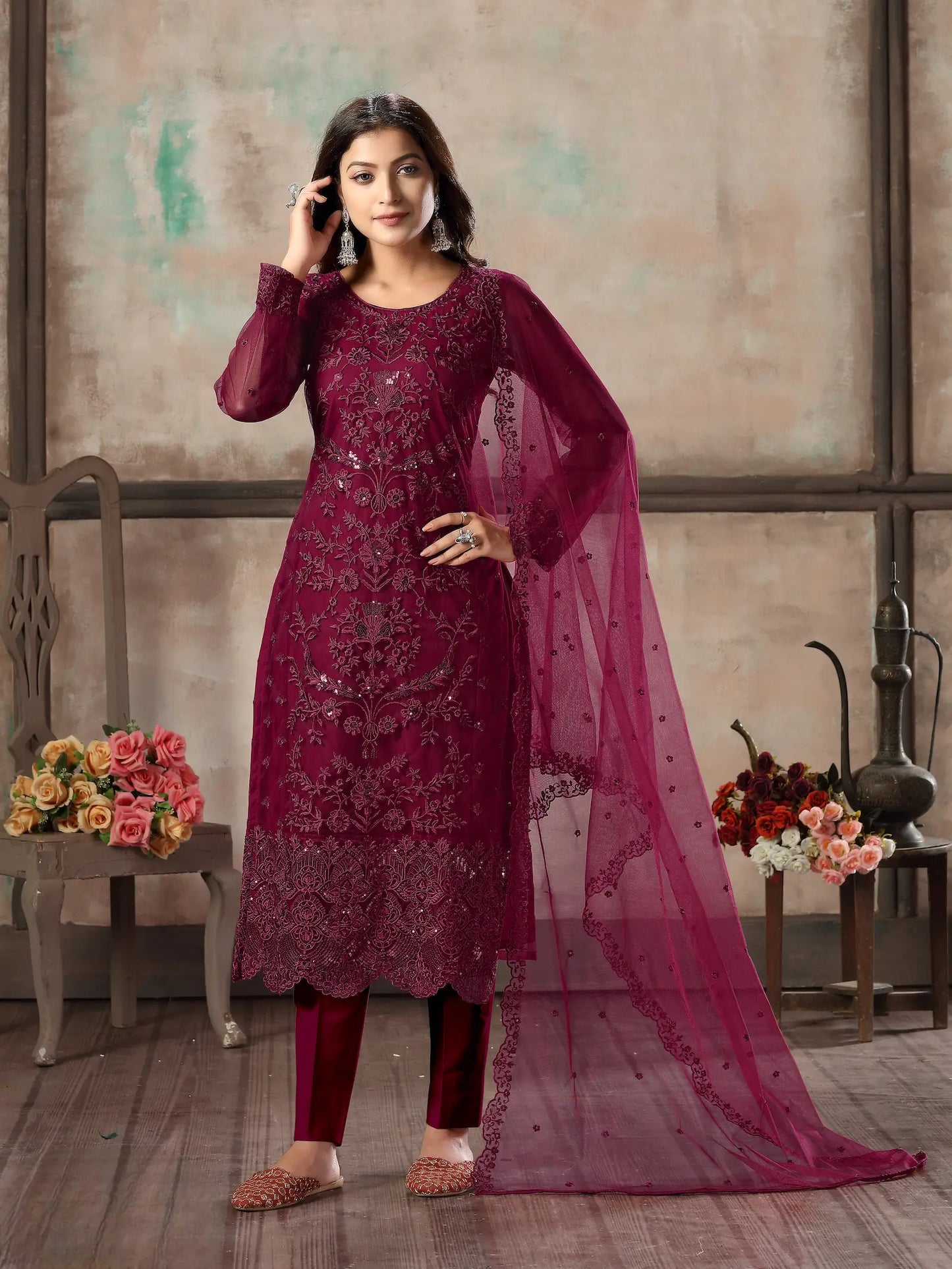 Dark Pink Net Salwar Suit With Thread & Sequence Embroidery Work
