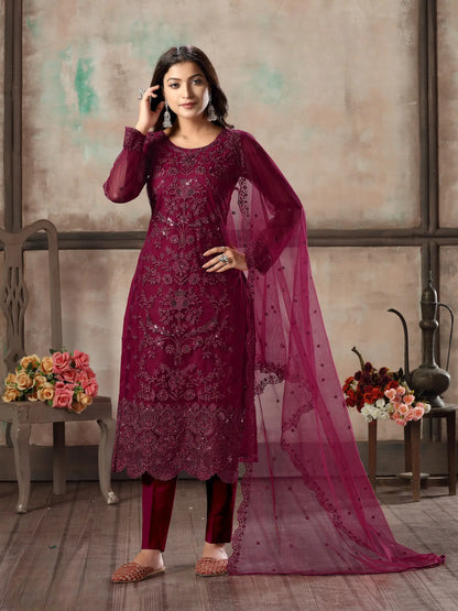 Dark Pink Net Salwar Suit With Thread & Sequence Embroidery Work