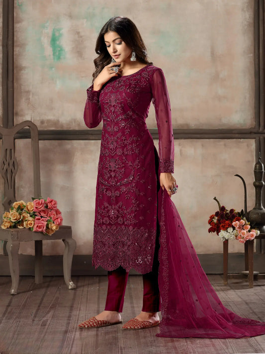 Dark Pink Net Salwar Suit With Thread & Sequence Embroidery Work