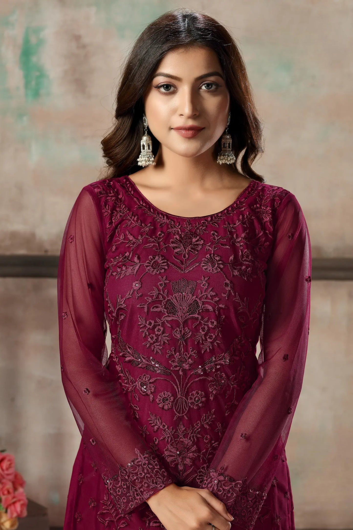 Dark Pink Net Salwar Suit With Thread & Sequence Embroidery Work