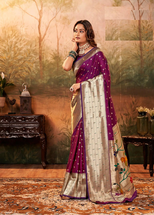Wine Paithani Silk Saree with Woven Border & Pallu