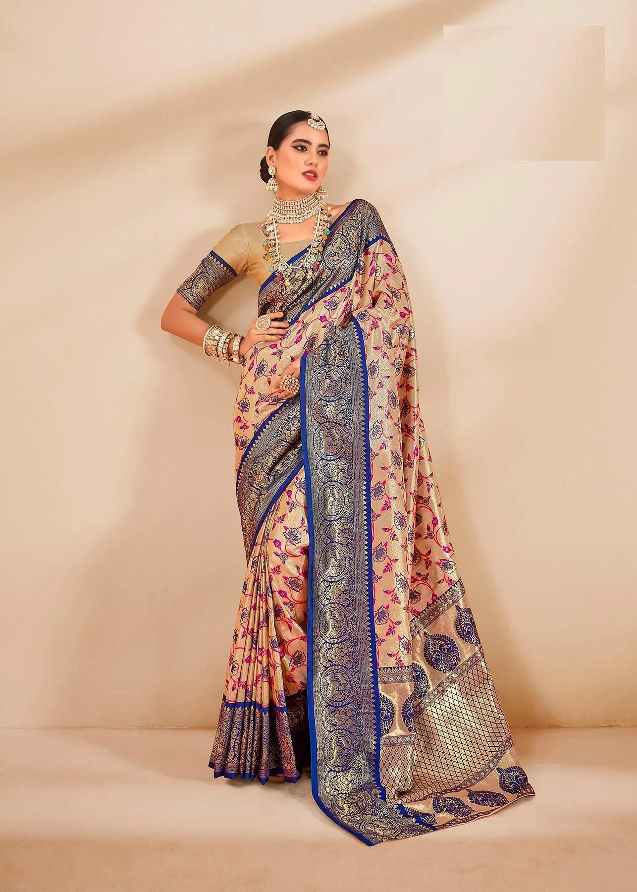 Blue Dharmavaram Tissue Silk Saree with Zari Weaving & Contrast Border