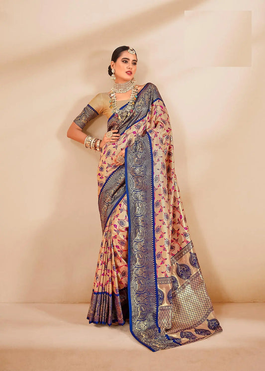 Blue Dharmavaram Tissue Silk Saree with Zari Weaving & Contrast Border