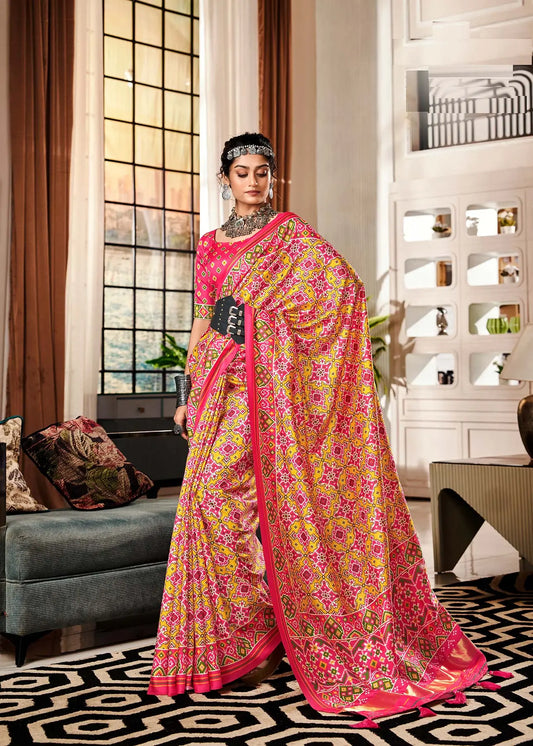 Pink Handloom Silk Saree with Patola Print & Tassel Pallu