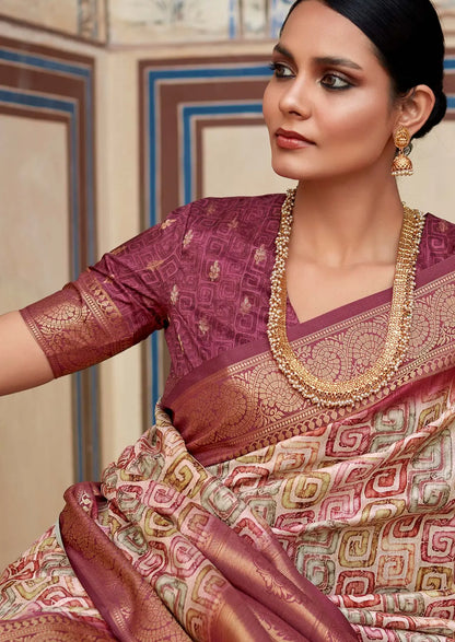 Multi Color Handloom Silk Saree  With Digital Print Zari Border