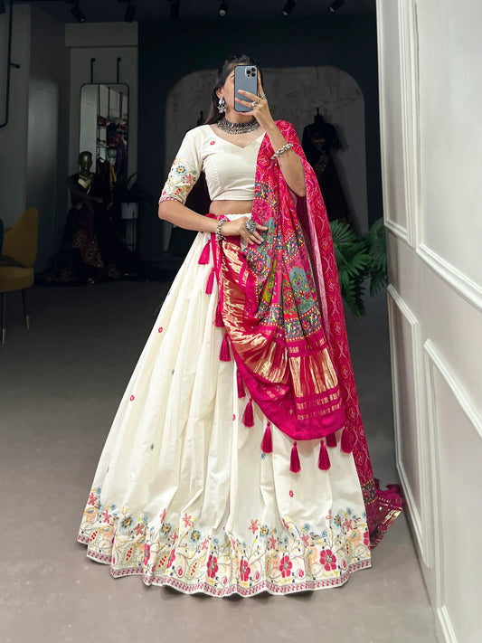 Snow White Khadi Cotton Embroidery Lehenga Choli With Gaji Silk Dupatta