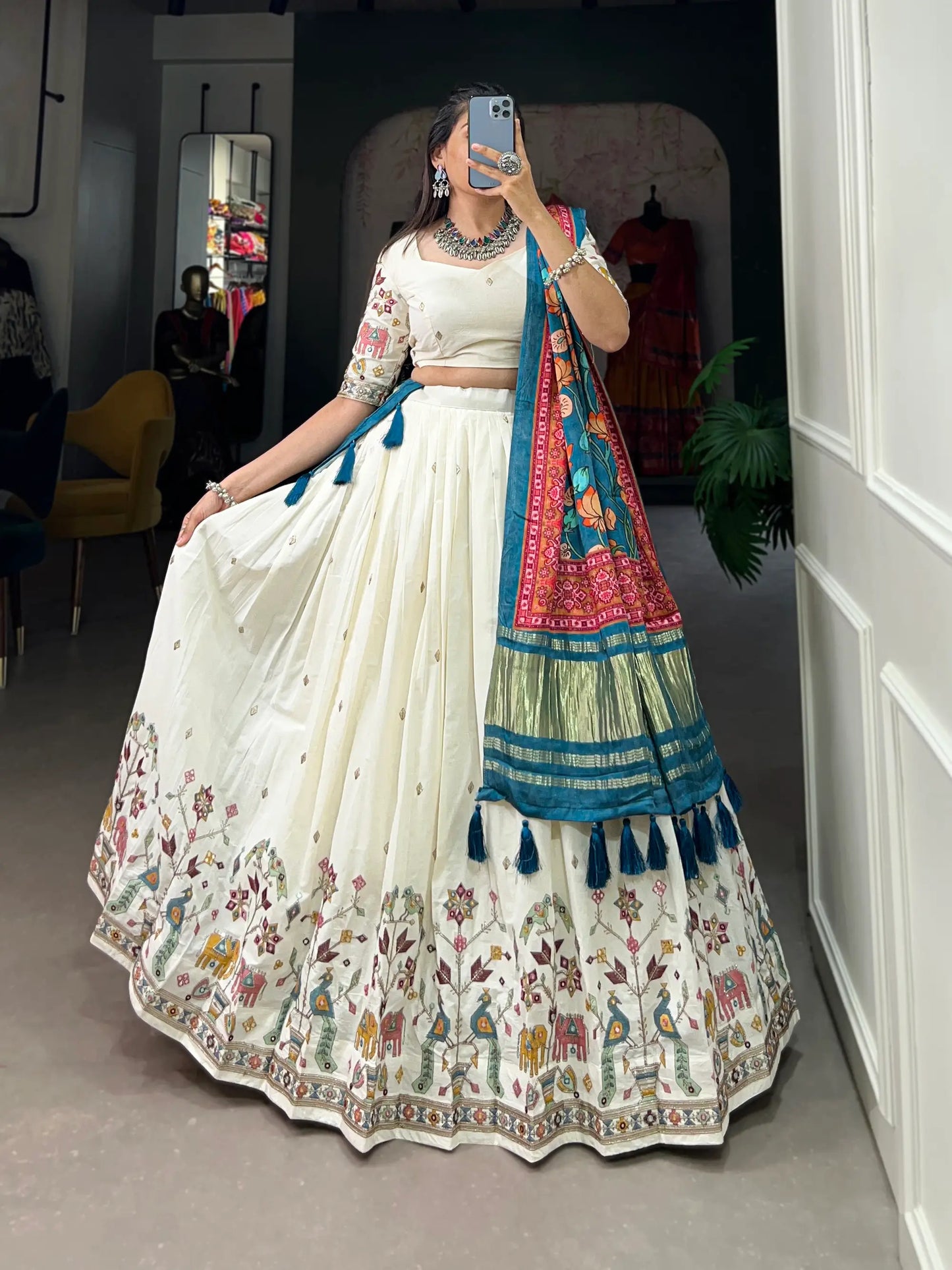 Pearl White Khadi Cotton Embroidery Lehenga Choli With Gaji Silk Dupatta
