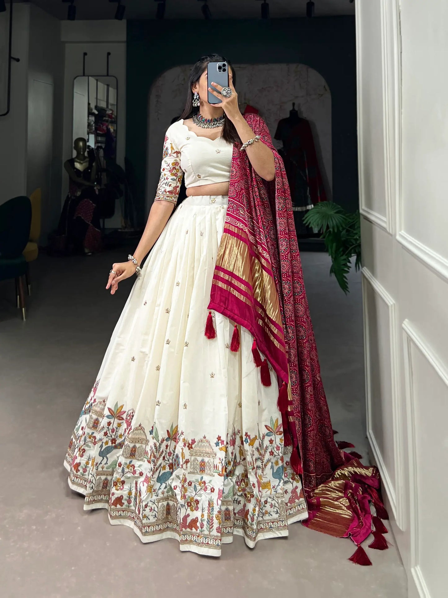 White Khadi Cotton Embroidery Lehenga Choli With Gaji Silk Dupatta