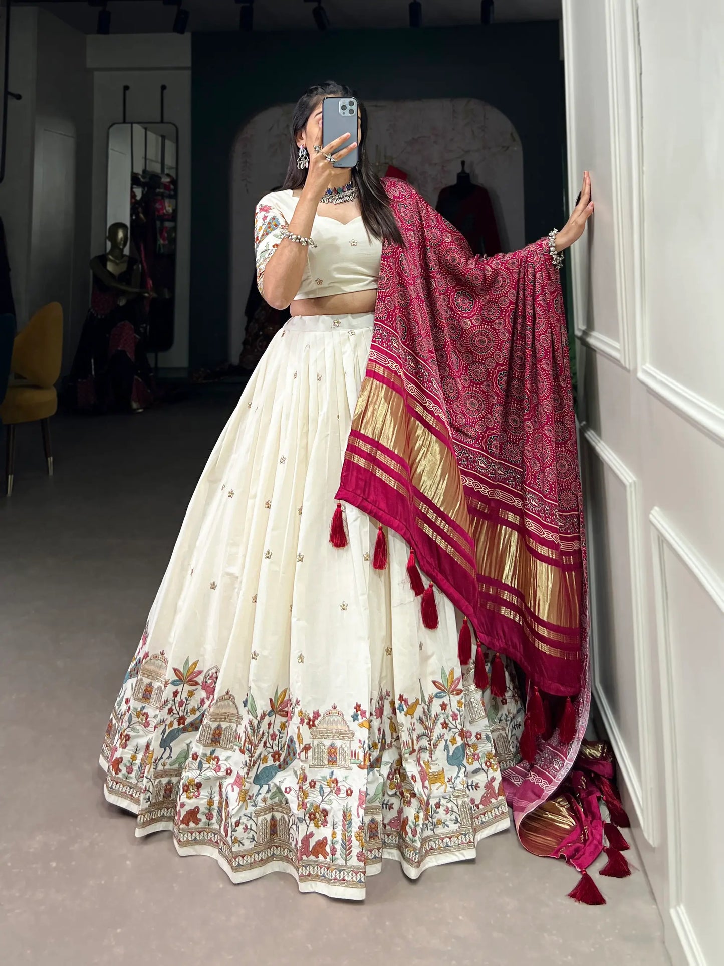 White Khadi Cotton Embroidery Lehenga Choli With Gaji Silk Dupatta