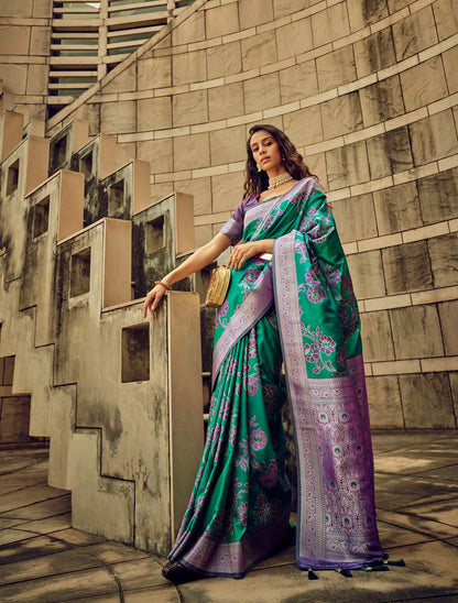 Green Satin Brasso Handwoven Silk With Flower Weaving Saree