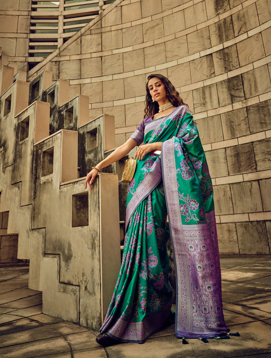 Green Satin Brasso Handwoven Silk With Flower Weaving Saree
