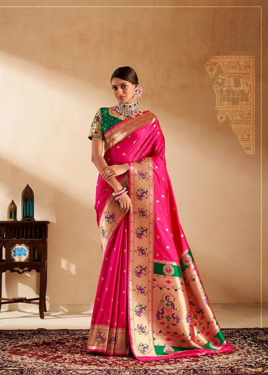 Red Paithani Silk Saree with Zari Weaving & Rich Pallu