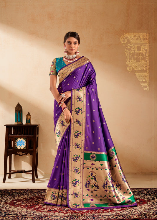 Purple Paithani Silk Saree with Zari Weaving & Rich Pallu