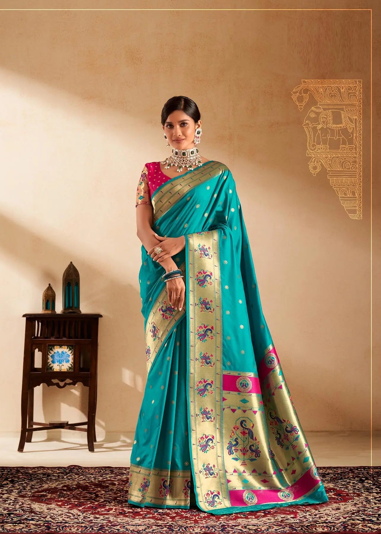 Aqua Blue Paithani Silk Saree with Zari Weaving & Rich Pallu