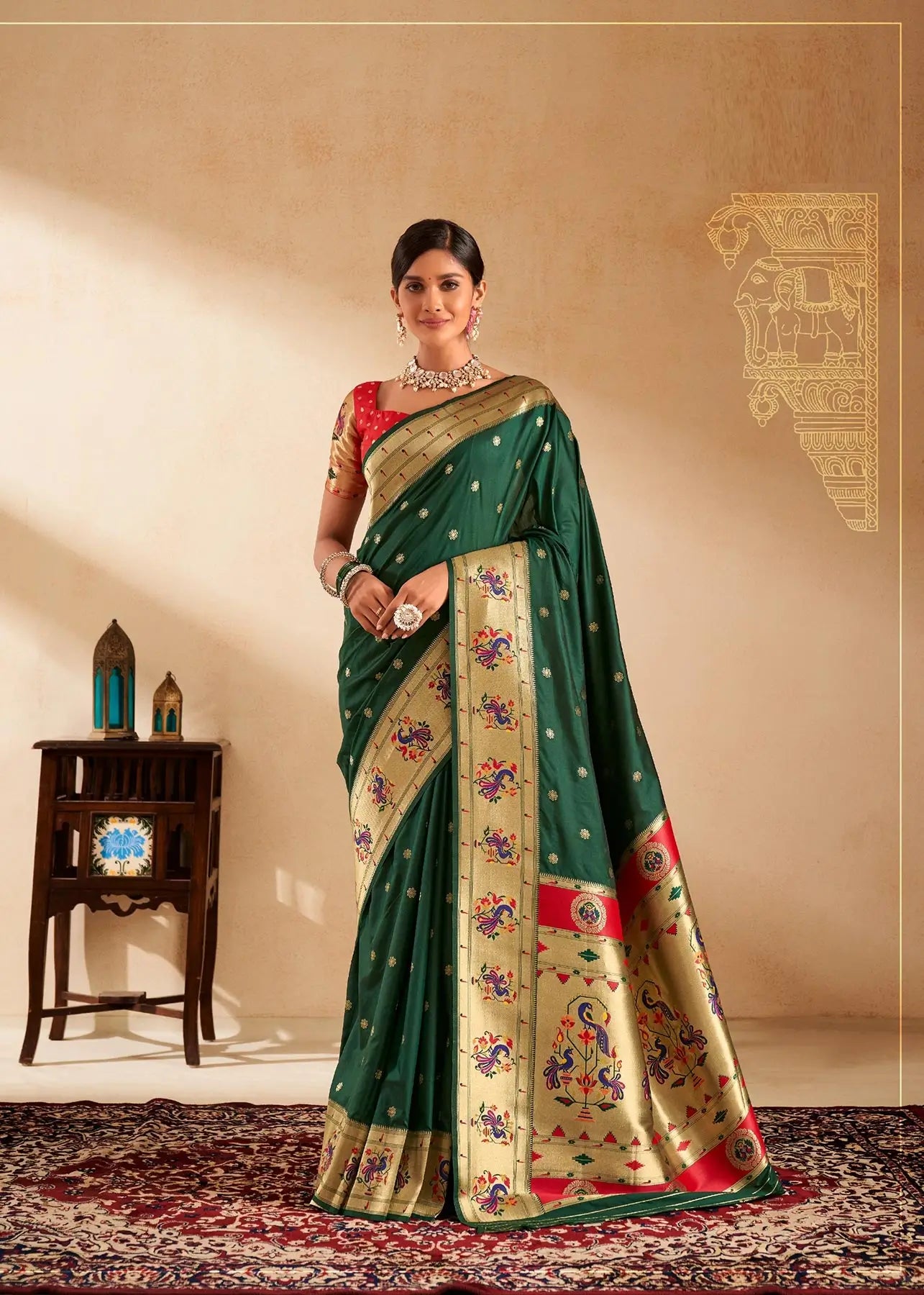 Green  Paithani Silk Saree with Zari Weaving & Rich Pallu