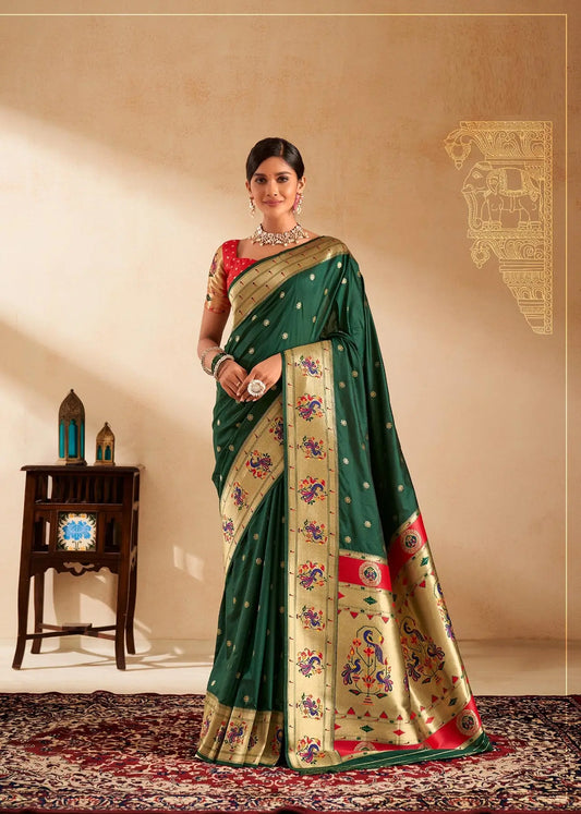 Green  Paithani Silk Saree with Zari Weaving & Rich Pallu