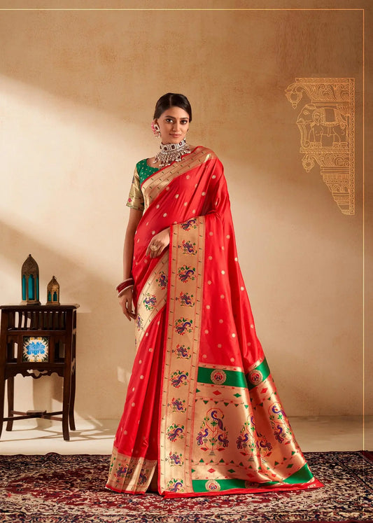 Orange Paithani Silk Saree with Zari Weaving & Rich Pallu