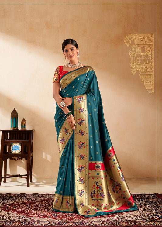 Teal Blue Paithani Silk Saree with Zari Weaving & Rich Pallu