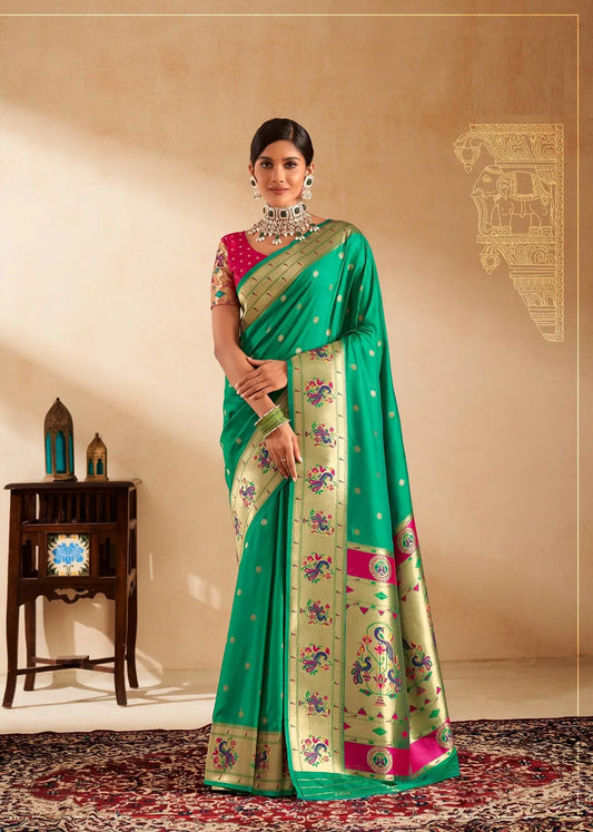 Green Paithani Silk Saree with Zari Weaving & Rich Pallu