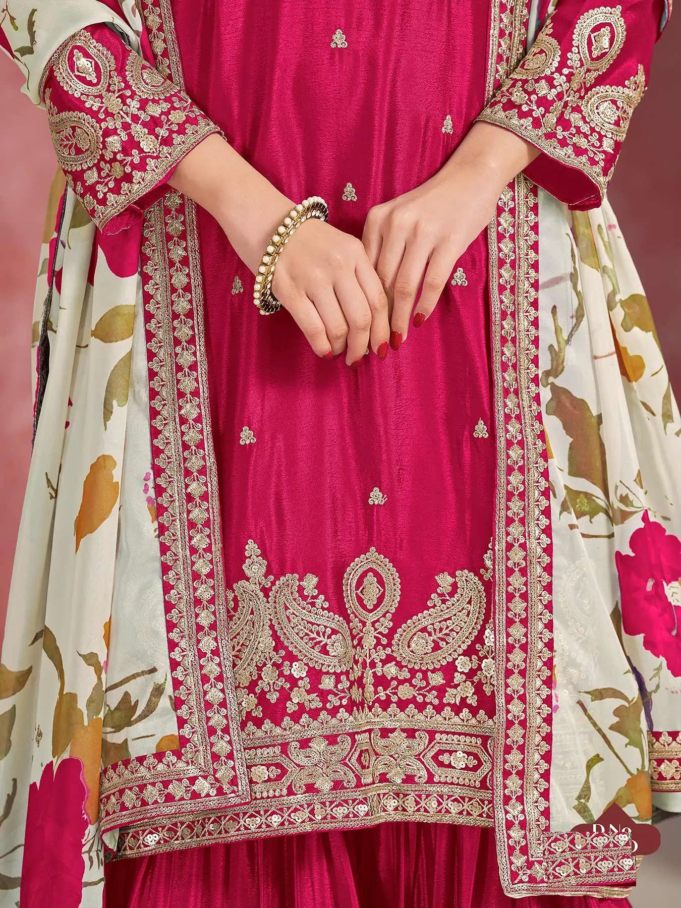 Red Chinon Silk Sharara Set with Embroidered Top & Taby Silk Dupatta