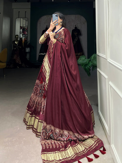 Maroon Traditionally Printed Gaji Silk Lehenga Choli