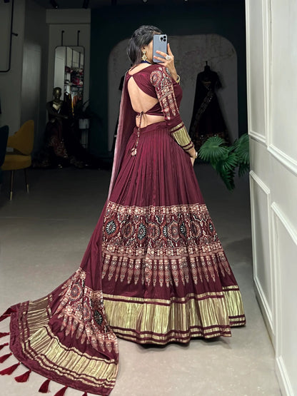 Maroon Traditionally Printed Gaji Silk Lehenga Choli