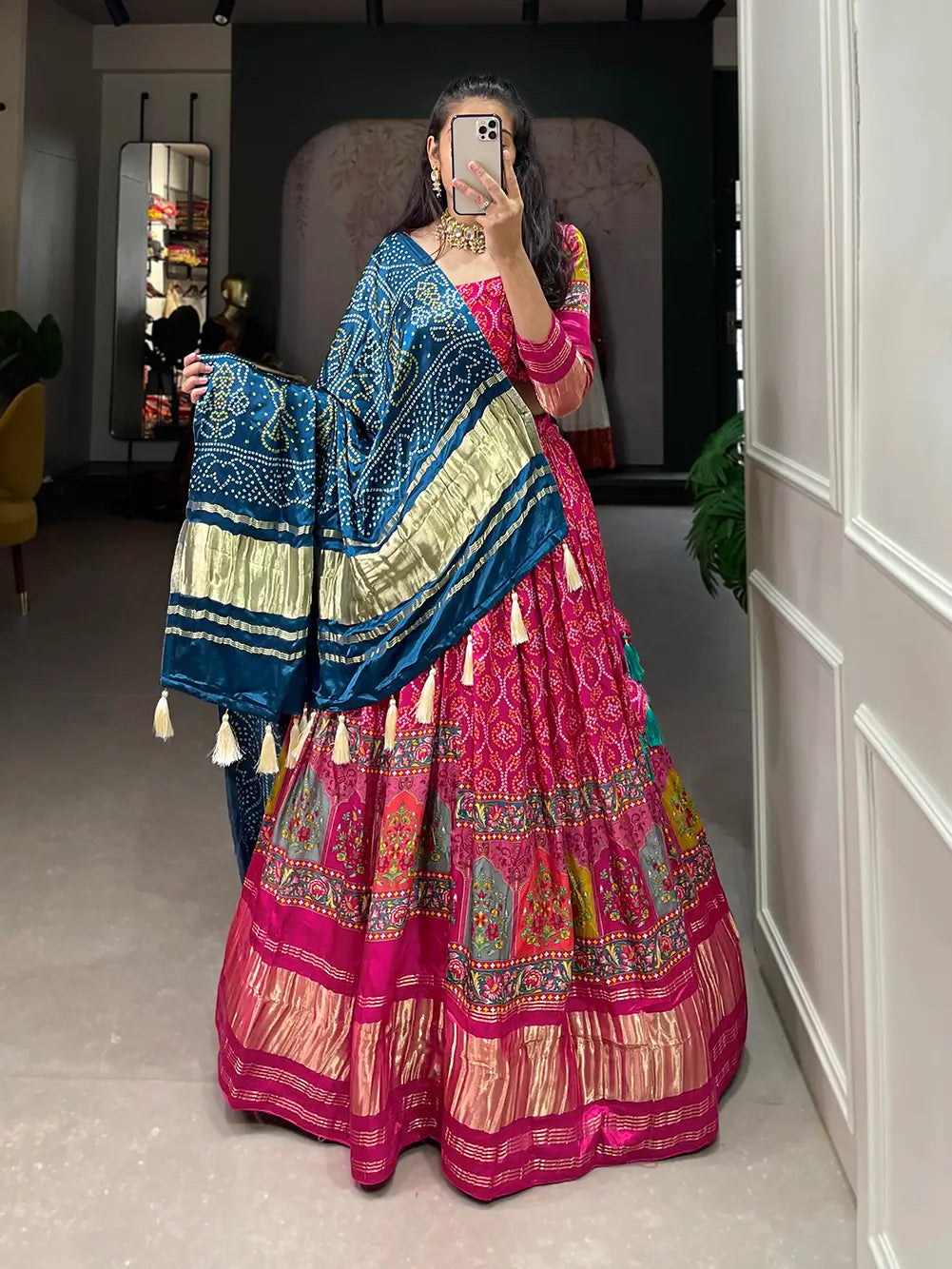 Dark Pink Traditionally Printed Gaji Silk Lehenga Choli