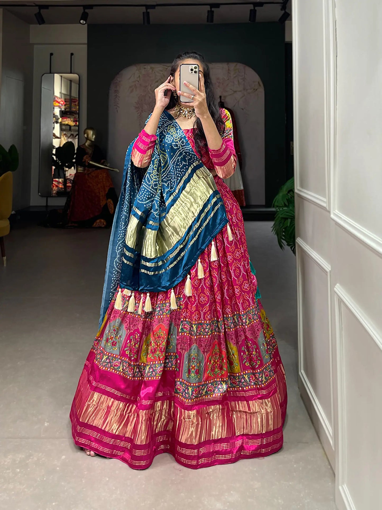 Dark Pink Traditionally Printed Gaji Silk Lehenga Choli
