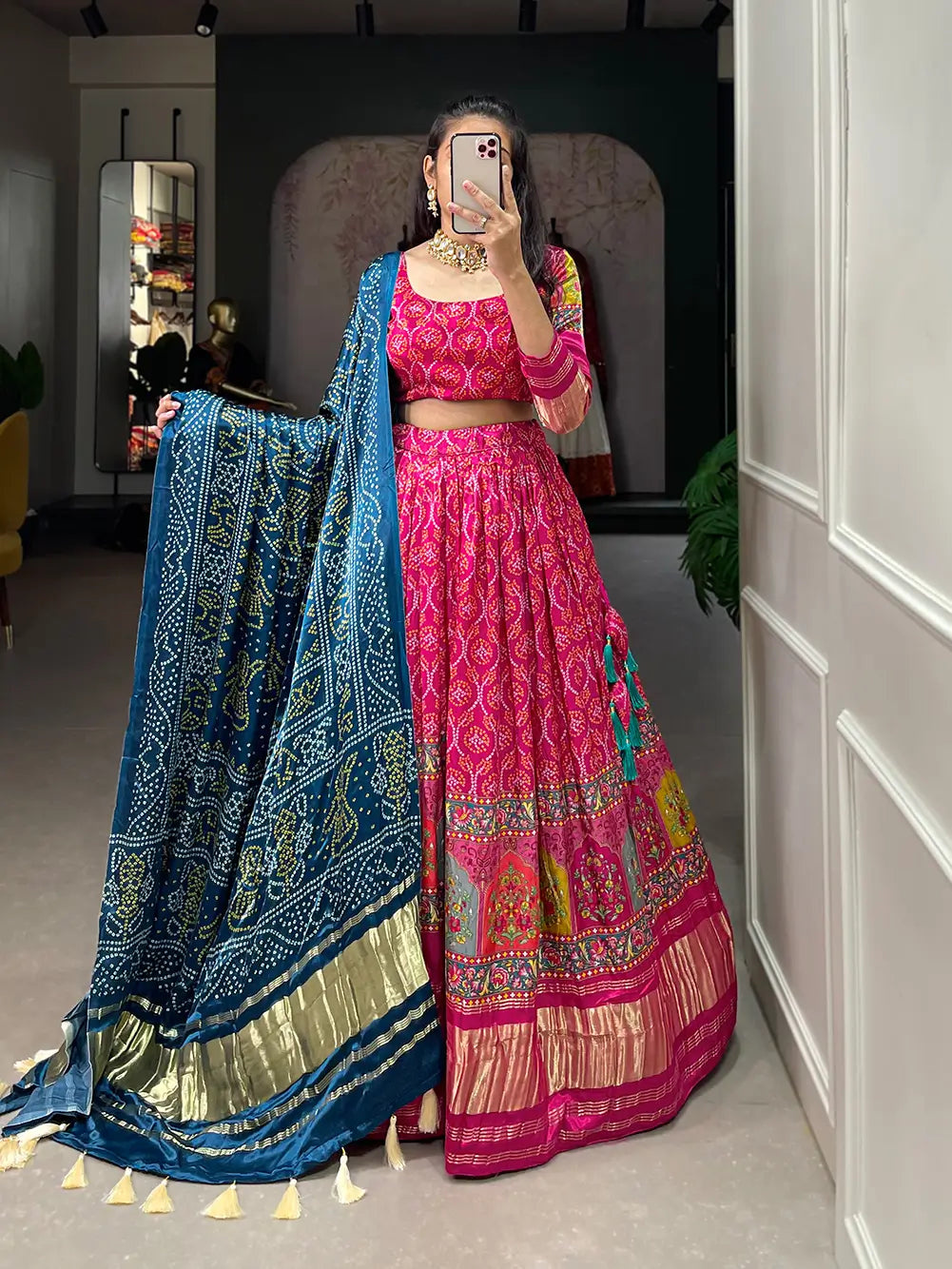 Dark Pink Traditionally Printed Gaji Silk Lehenga Choli