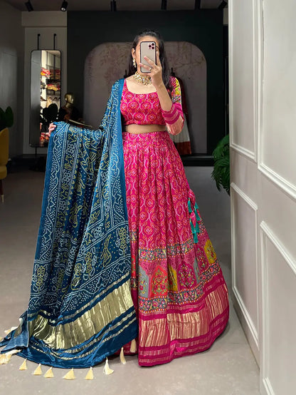 Dark Pink Traditionally Printed Gaji Silk Lehenga Choli