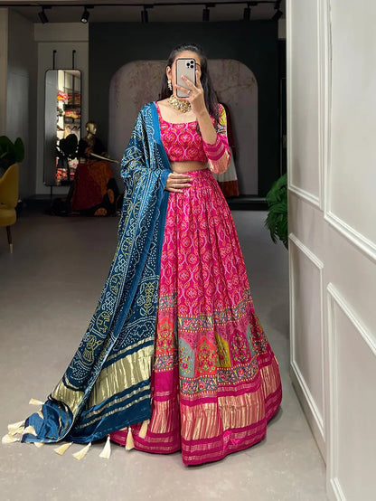 Dark Pink Traditionally Printed Gaji Silk Lehenga Choli