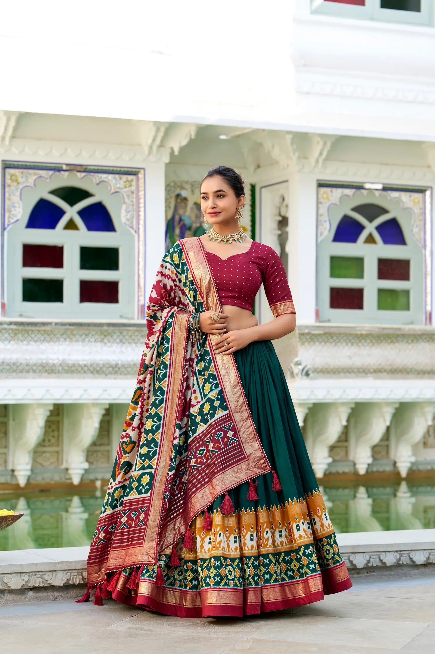 Green Tussar Silk Lehenga Choli With Patola Print And Foil Work